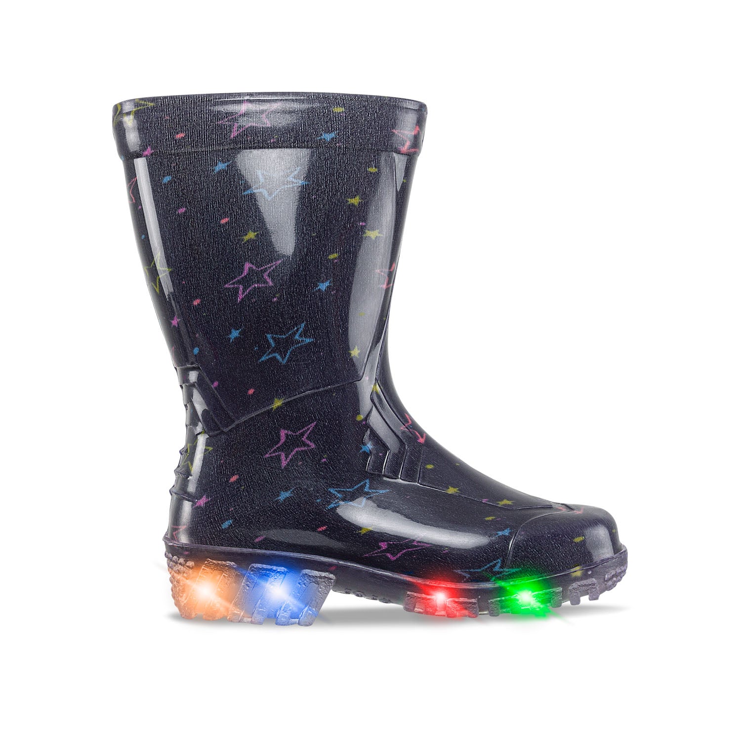 Croydon Frans Multicolor children's rain boots, waterproof, with lights and made of PVC, with a multicolored print for outdoor play