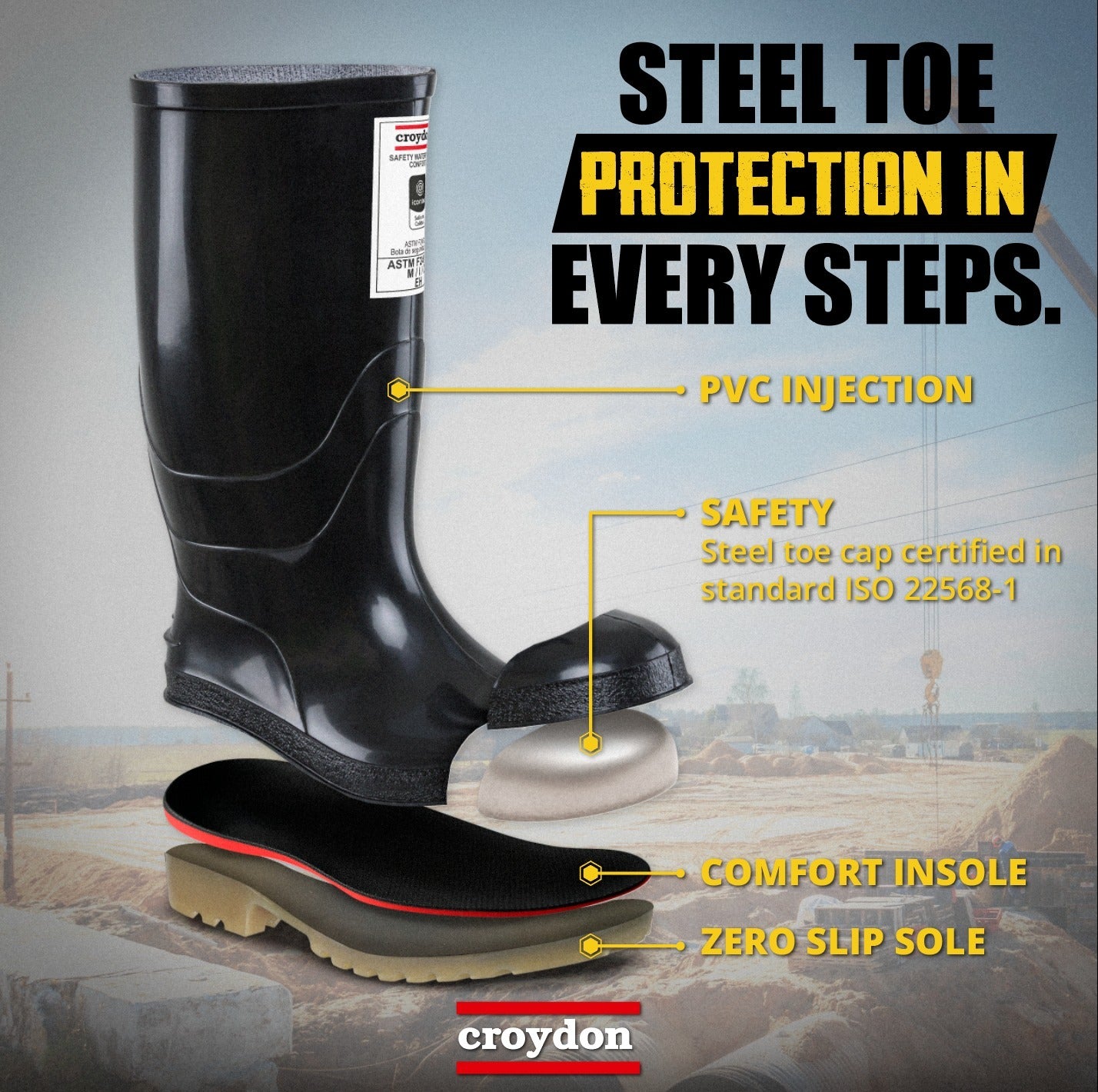 Croydon Workman Safety Steel Toe Waterproof Work Boots Men Black PVC Construction Oil Resistant